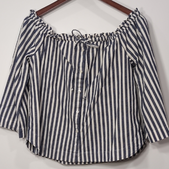 Madewell Tops - Madewell | Striped Off The Shoulder Button Cotton Blouse with Tie Size M